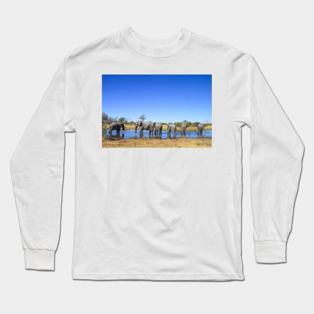 Elephants Wading in a Shallow River in Botswana Long Sleeve T-Shirt by SafariByMarisa